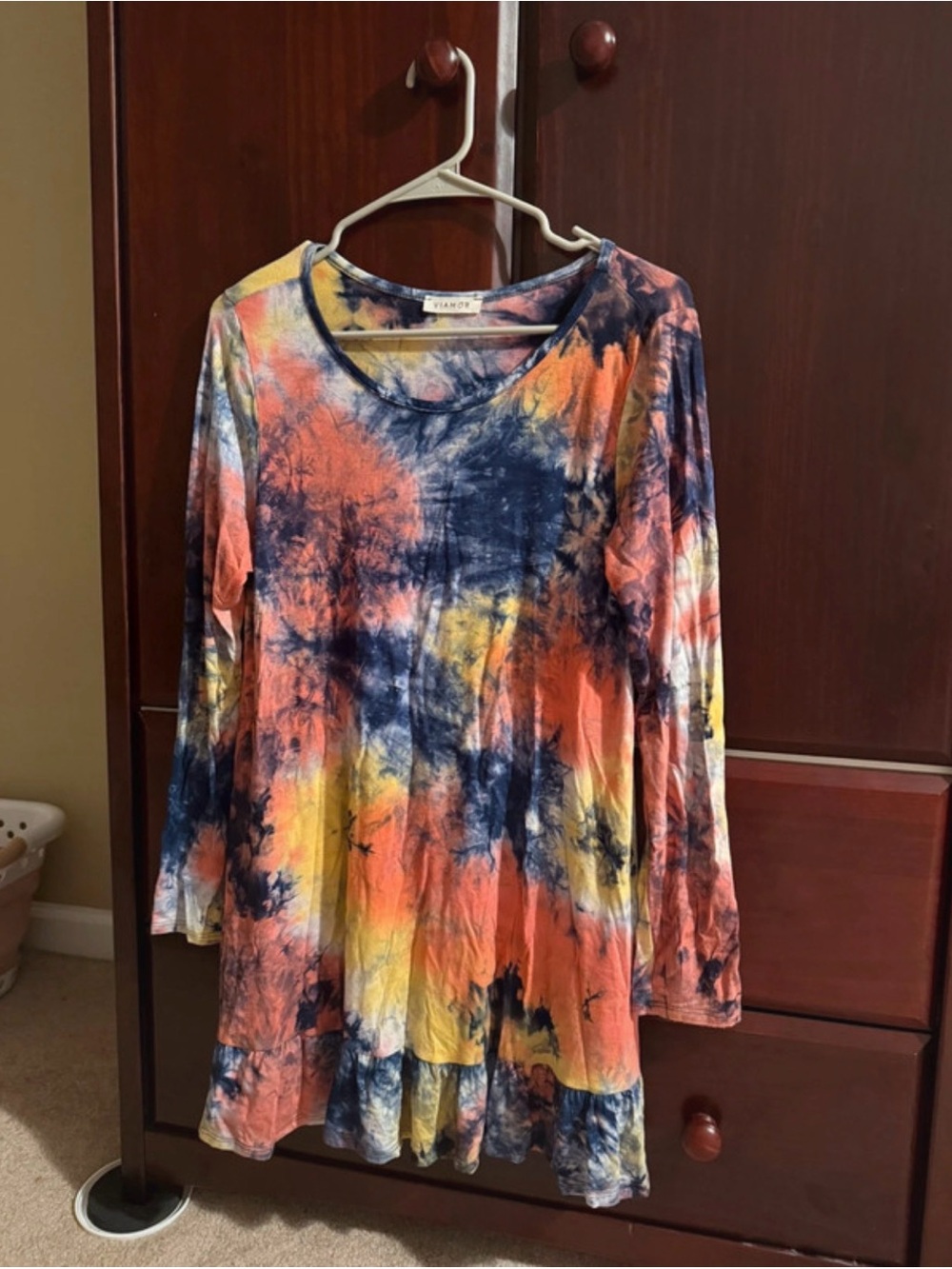 Vibrant Tie-Dye Long Sleeve Tunic Top - Navy, Orange & Yellow